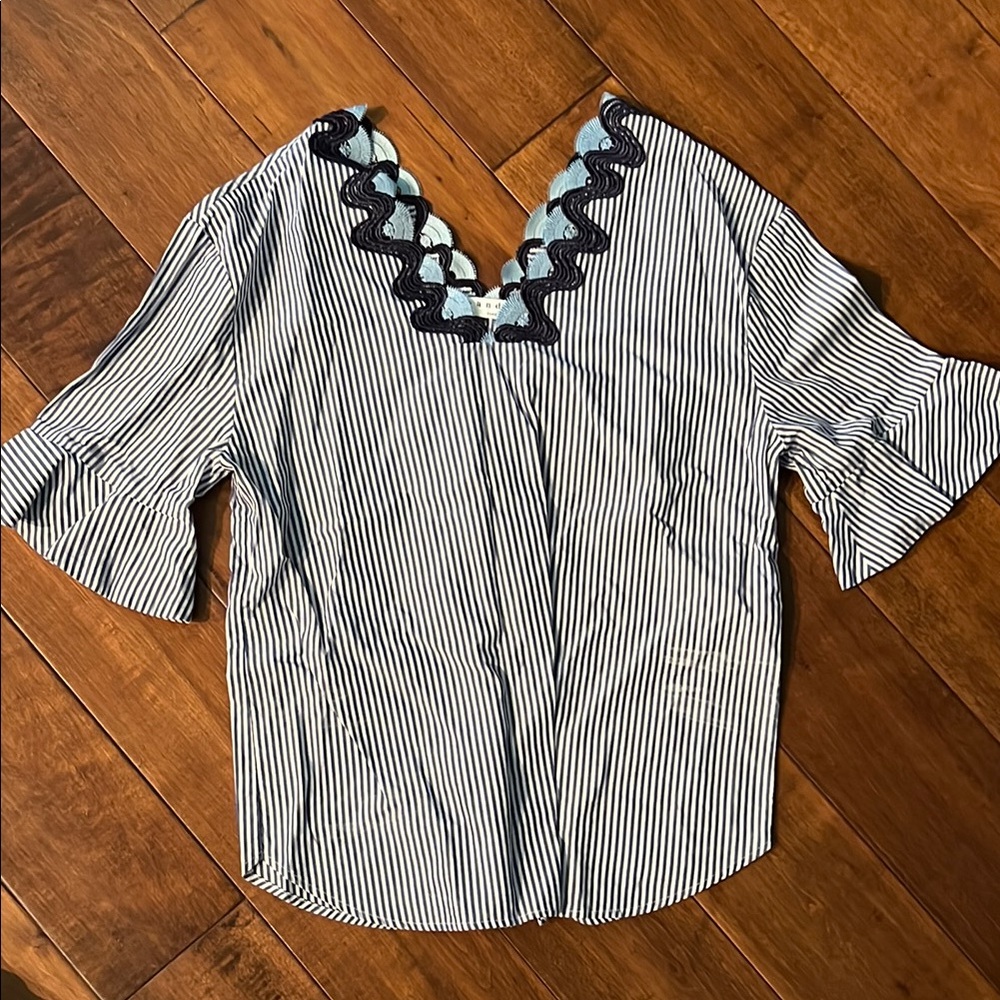 Sandro Black and White Boxy Ruffled Blouse